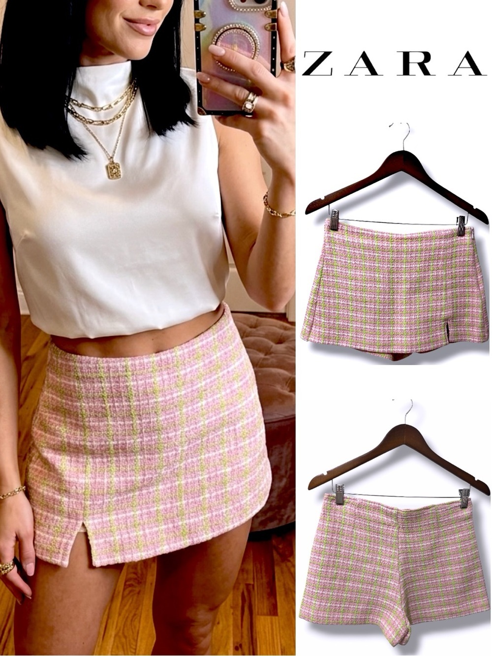 ZARA | NWOT Morocco Cotton Pink Green Plaid Tweed Side Zip Mini Skirt Shorts (S)